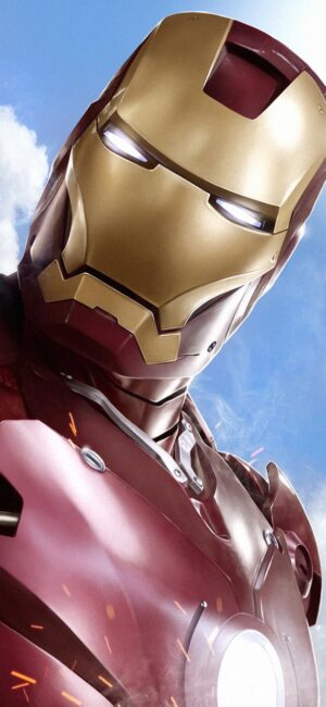 Iron Man in iconic red and gold armor against blue sky and clouds | UHD Wallpaper for Mobile