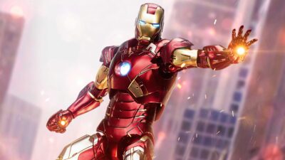 Iron Man in red and gold armor with action-packed sparks, blurred cityscape background | 4K Wallpaper for Desktop