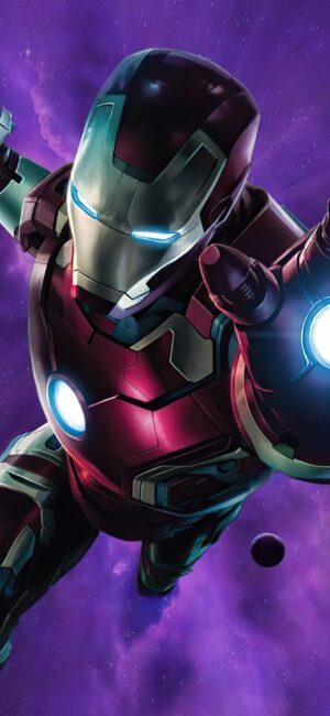 Iron Man in iconic suit on a vibrant purple cosmic background with detailed suit lights | 4K Wallpaper for Desktop | Purple, Black, Blue