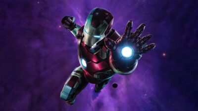 Iron Man in iconic suit on a vibrant purple cosmic background with detailed suit lights | 4K Wallpaper for Desktop | Purple, Black, Blue