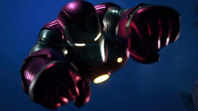 Iron Man in a dynamic flying pose with glowing armor against a deep blue background | 4K Wallpaper for Desktop