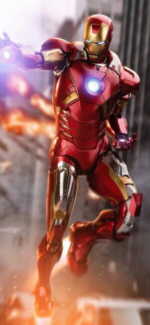 Iron Man in iconic red and gold suit flying with thrusters in dynamic background | 4K Wallpaper for Mobile | Red, Gold, Gray