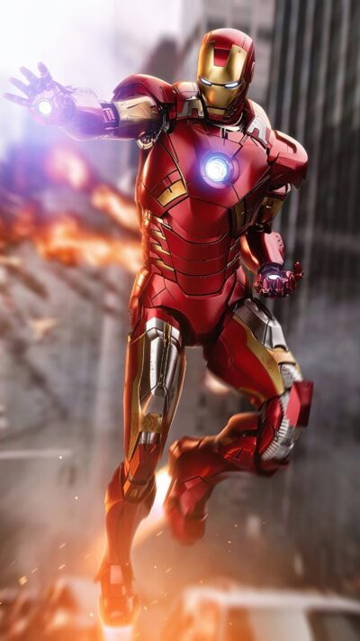 Iron Man in iconic red and gold suit flying with thrusters in dynamic background | 4K Wallpaper for Mobile | Red, Gold, Gray