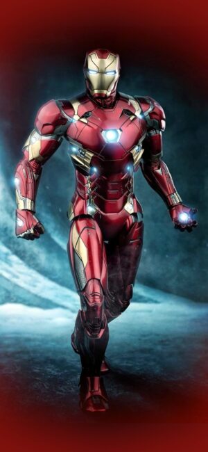 Iron Man in red and gold armor, dynamic stance, dark/light background highlights design | 4K Wallpaper for Mobile