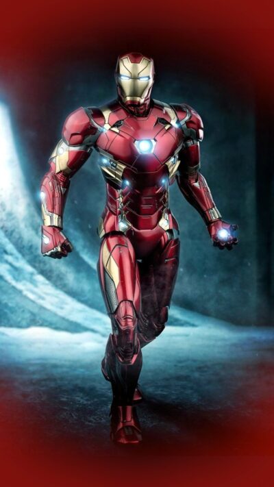 Iron Man in red and gold armor, dynamic stance, dark/light background highlights design | 4K Wallpaper for Mobile