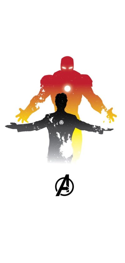 Silhouette of Iron Man with Tony Stark overlay & Avengers logo in red, yellow, black, white colors for mobile | UHD Wallpaper.