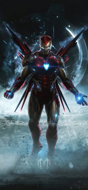 Iron Man in metallic suit with glowing energy source, atmospheric backdrop | Red, Blue, Black, White | 4K Wallpaper for Mobile