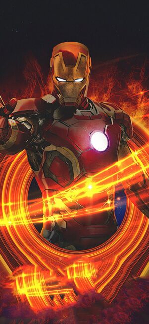 Iron Man in red-gold armor with glowing energy on a cosmic backdrop | Black, Red, Orange, Yellow | UHD Wallpaper for Desktop