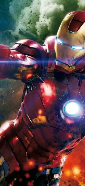 Iron Man in red and gold armor with glowing arc reactor in action backdrop | UHD Wallpaper for Mobile