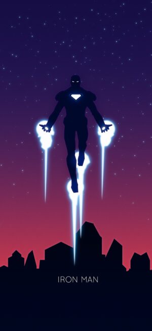 Iron Man silhouetted against a starry night sky with glowing repulsors above a dark cityscape | 4K Wallpaper for Mobile