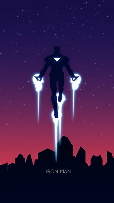 Iron Man silhouetted against a starry night sky with glowing repulsors above a dark cityscape | 4K Wallpaper for Mobile