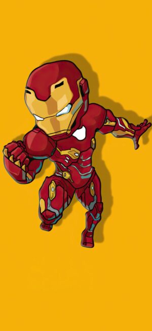 Chibi Iron Man in red and gold armor on a yellow backdrop. Marvel superhero desktop wallpaper | 4K Wallpaper for Desktop