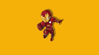 Chibi Iron Man in red and gold armor on a yellow backdrop. Marvel superhero desktop wallpaper | 4K Wallpaper for Desktop