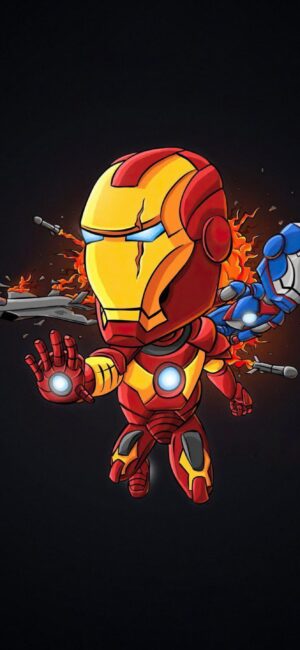 Chibi Iron Man in red and yellow armor with War Machine on a dark backdrop | 4K Wallpaper for Desktop | Black, Red & Yellow