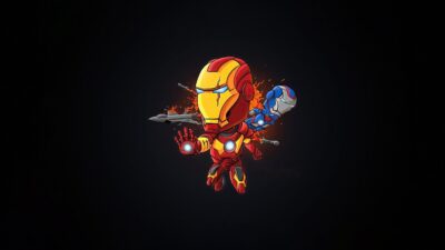 Chibi Iron Man in red and yellow armor with War Machine on a dark backdrop | 4K Wallpaper for Desktop | Black, Red & Yellow