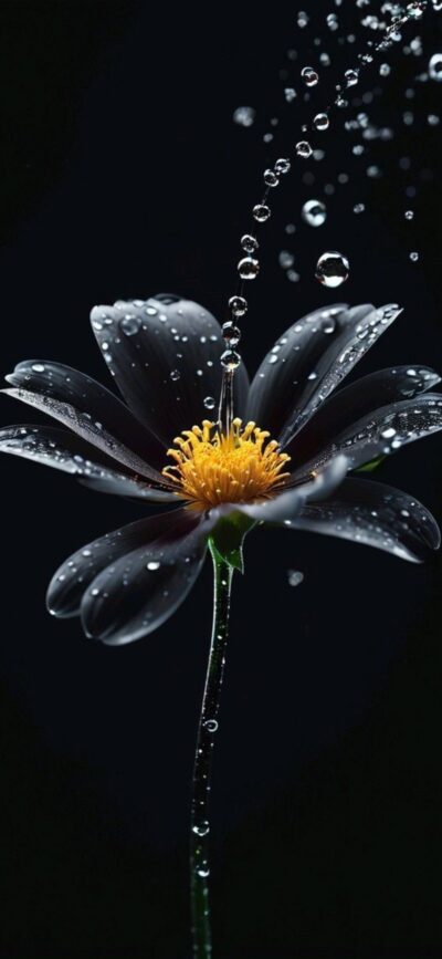 Close-up of a flower with water droplets, vibrant yellow center, dark petals and background for an elegant look | 8K Wallpaper for Mobile