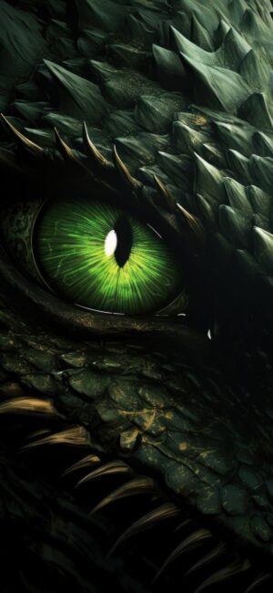 Dragon's eye close-up with green hues, intricate scales capturing mythical allure | 8K Wallpaper for Mobile