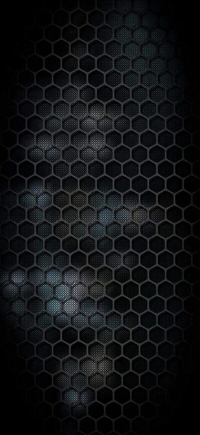 Dark abstract hexagonal pattern with subtle lighting effects in black and blue colors, adding a futuristic touch | 8K Wallpaper for Mobile