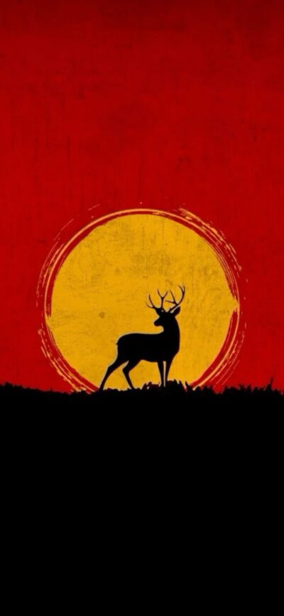 Silhouetted deer on grassy hill, vivid sunset with large yellow sun on red backdrop | 8K Wallpaper for Mobile