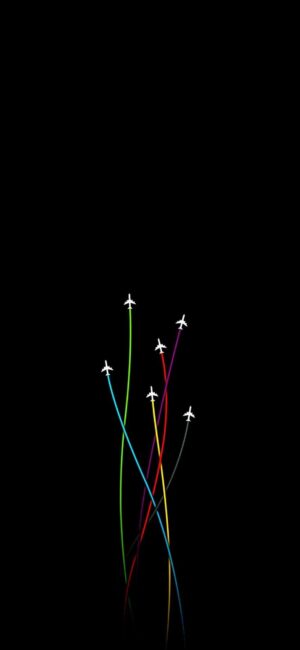 Minimalist wallpaper with white airplanes and colorful trails on a black background | 8K Wallpaper for Mobile