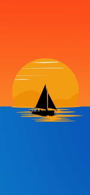 Silhouette sailboat on blue sea with orange sunset, serene setting reflecting calmness and nature | 8K Wallpaper for Mobile