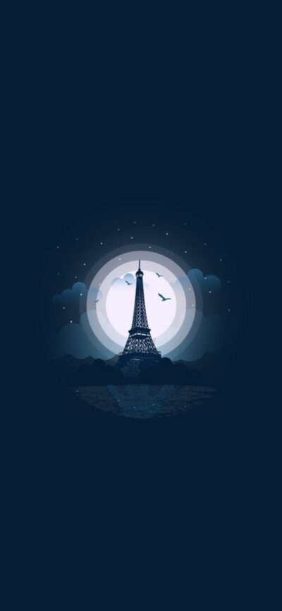 Eiffel Tower under a night sky with birds and clouds, creating a dreamy backdrop. | Black, Blue | Cityscape, Night | 8K Wallpaper for Mobile