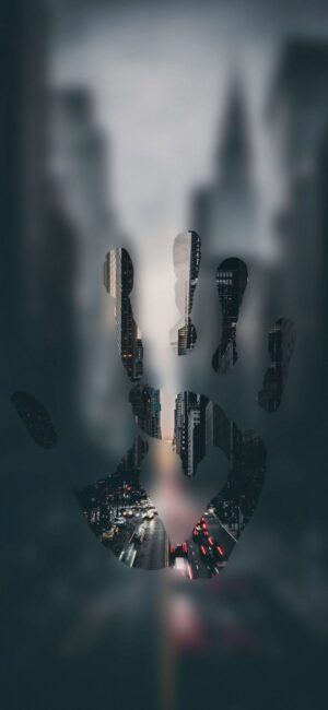 Handprint cutout reveals blurred cityscape with traffic; blends human & urban elements. Gray, black, white, red. | 8K Wallpaper for Mobile