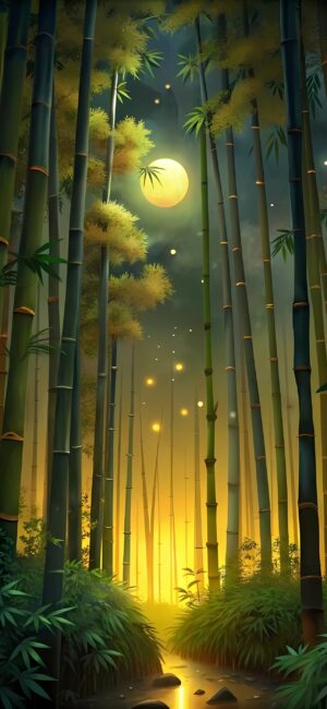 Serene bamboo forest under a full moon with green foliage, golden sky & fireflies creating magic | 4K Wallpaper for Mobile