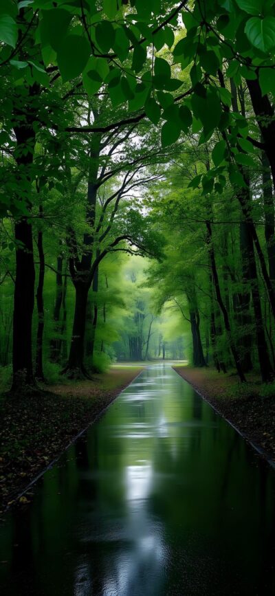 Serene forest path with lush green trees and reflective water, creating tranquility. | 4K Wallpaper for Mobile | Green, Black