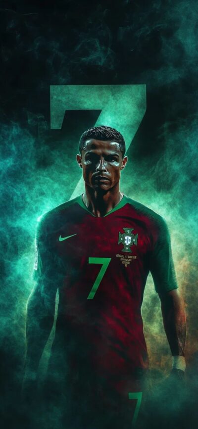 Cristiano Ronaldo in dynamic pose wearing jersey #7, smoky background. Green, Red, Black | 4K Wallpaper for Mobile