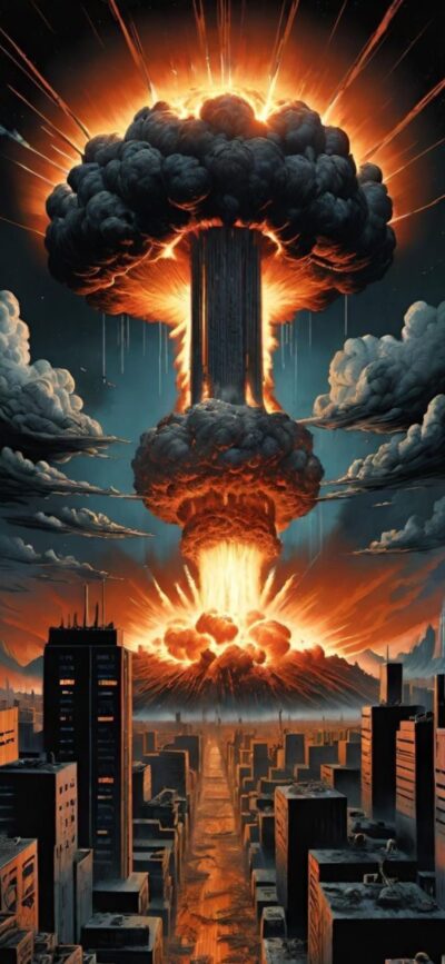 Apocalyptic cityscape with a mushroom cloud explosion, vibrant chaos in black, orange, and blue hues | 4K Wallpaper for Mobile