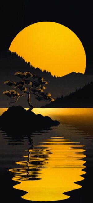 Serene sunset with sun behind mountains, island with tree reflecting on calm water | 4K Wallpaper, for Mobile