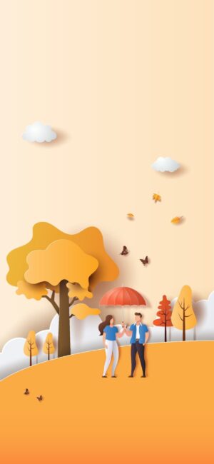 'Charming autumn scene with couple under umbrella, orange trees, clouds & butterflies in paper-cut style | 4K Wallpaper for Mobile'