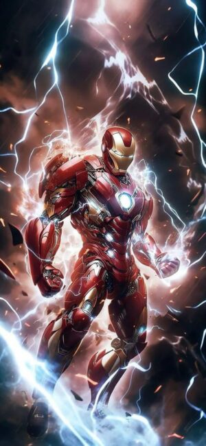 Iron Man in his red and gold suit surrounded by dynamic electrical energy, emphasizing his power | 4K Wallpaper for Mobile