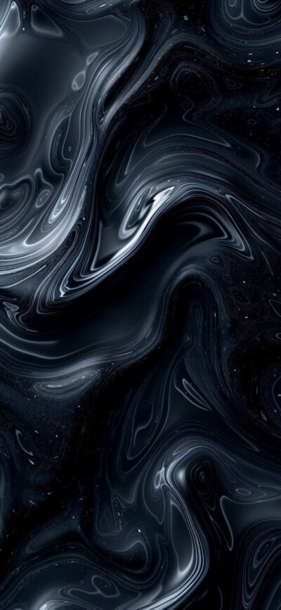 Abstract marble-like swirl design in black, gray, white; cosmic texture, liquid metal waves | 4K Wallpaper for Mobile