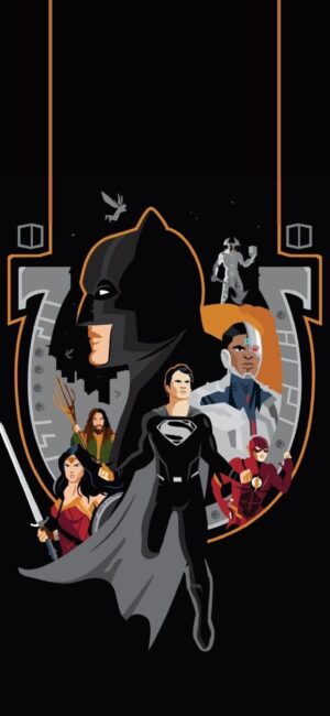 DC Comics Heroes: Batman, Superman, Wonder Woman, Aquaman, Cyborg, Flash - Black, Orange, Gray | 4K Wallpaper for Mobile