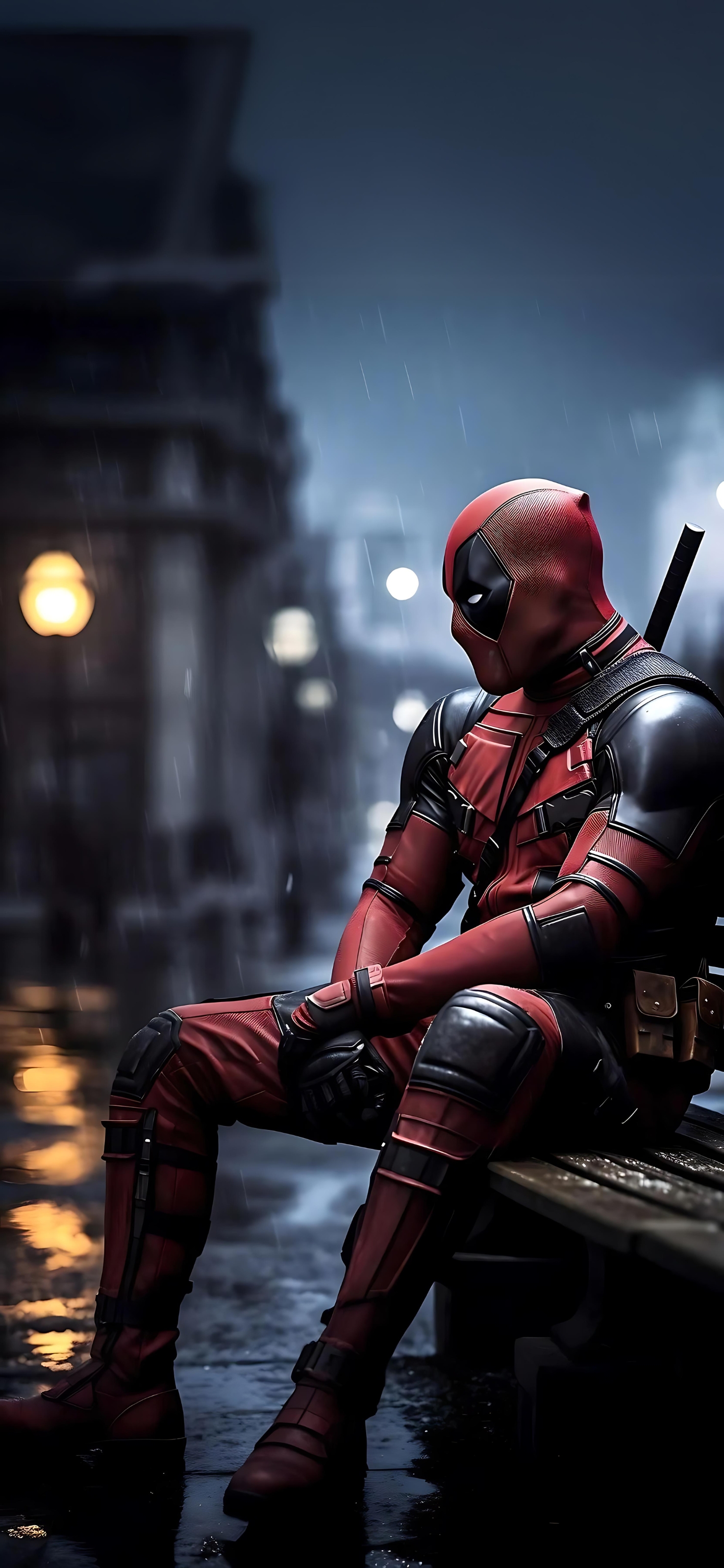 Deadpool on a bench in rainy cityscape, moody scene with blurred streetlights. | Red, Black, Grey | 4K Wallpaper for Mobile