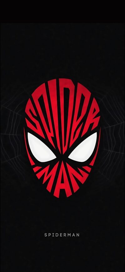 Stylized Spider-Man mask with "SPIDERMAN" forming its outline, subtle web background | Black, Red, White | 4K Wallpaper for Mobile