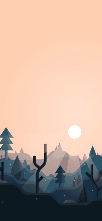 Minimalist mountain landscape with stylized trees under rising sun; peach, teal, blue tones | 4K Wallpaper for Mobile