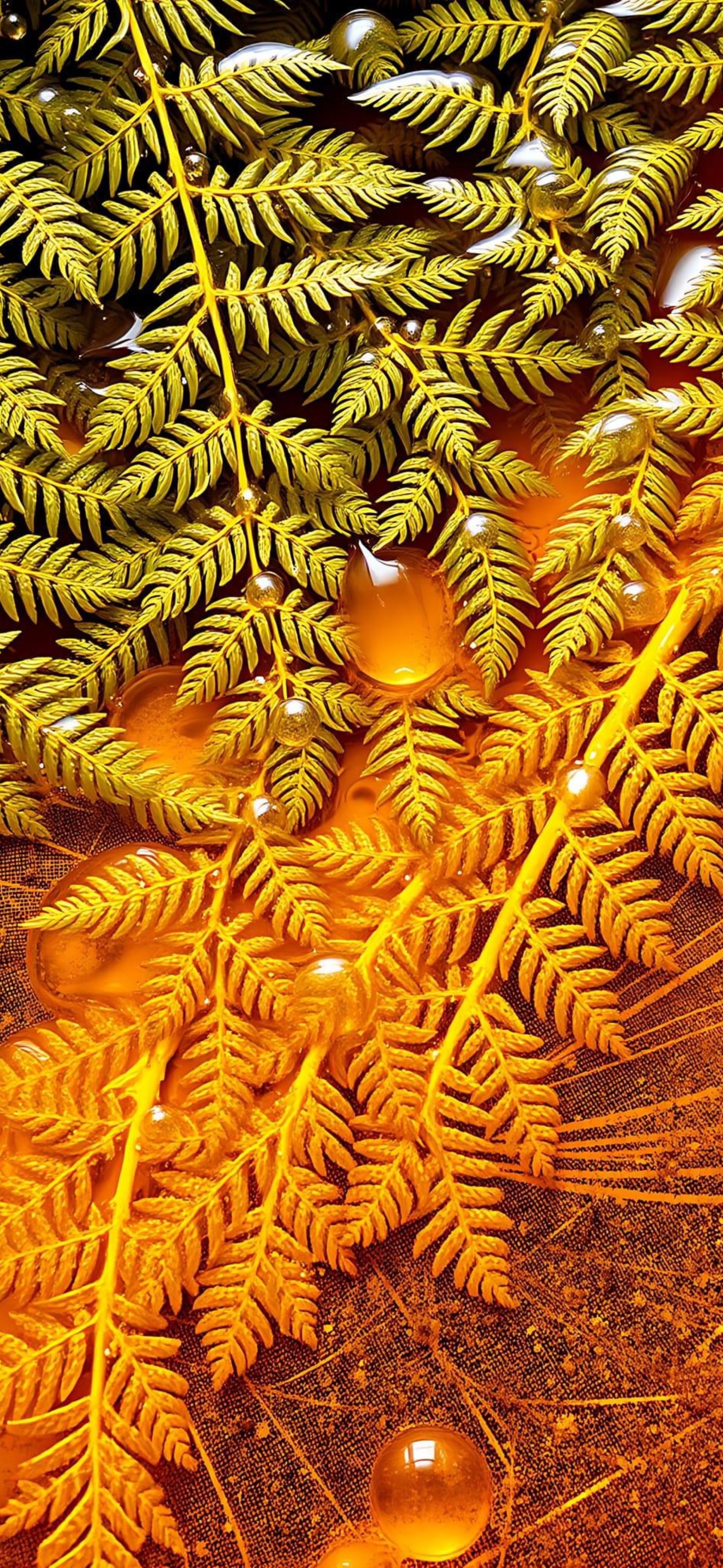 Close-up of vibrant yellow and orange fern leaves with droplets, perfect for a nature-inspired background | 4K Wallpaper for Mobile