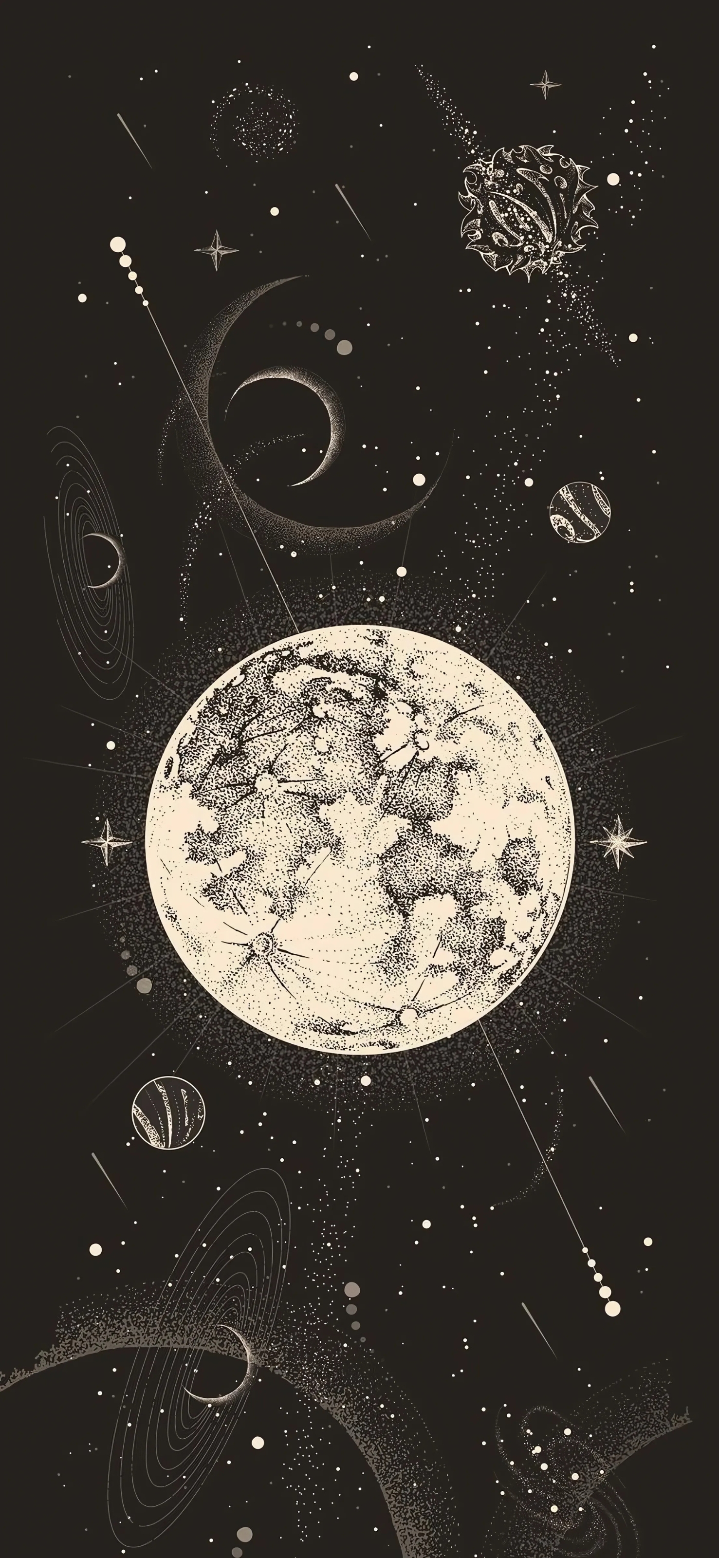 Celestial-themed wallpaper with planets and stars in an artistic style | Black and white hues | 4K Wallpaper for Mobile