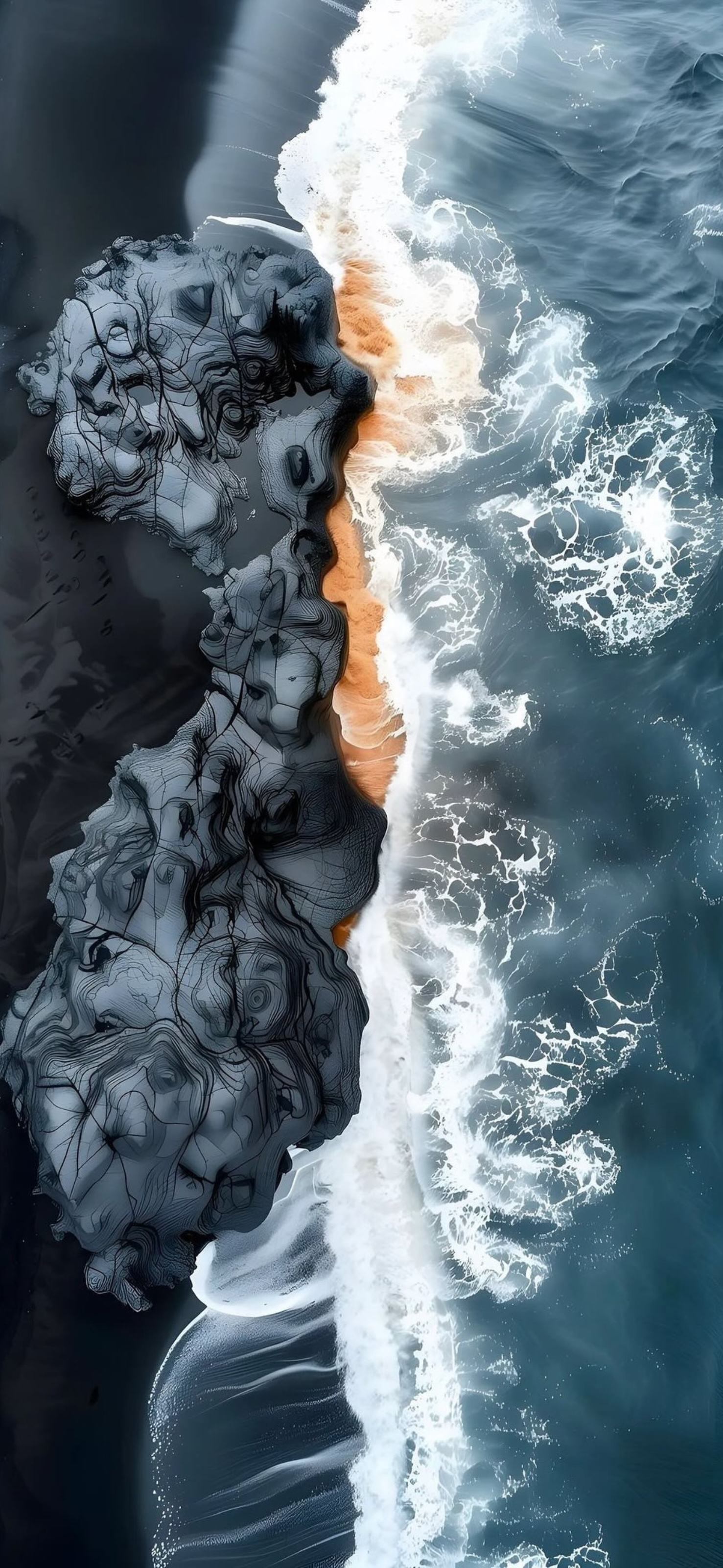 Abstract aerial view of coastline with rocky textures and swirling ocean waves in black, white, blue, grey, amber | 4K Wallpaper for Mobile