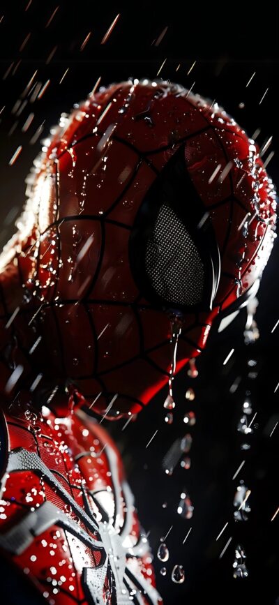 Spiderman in rain scene with red, black webbed suit; dark background enhances heroic vibe | 4K Wallpaper for Mobile