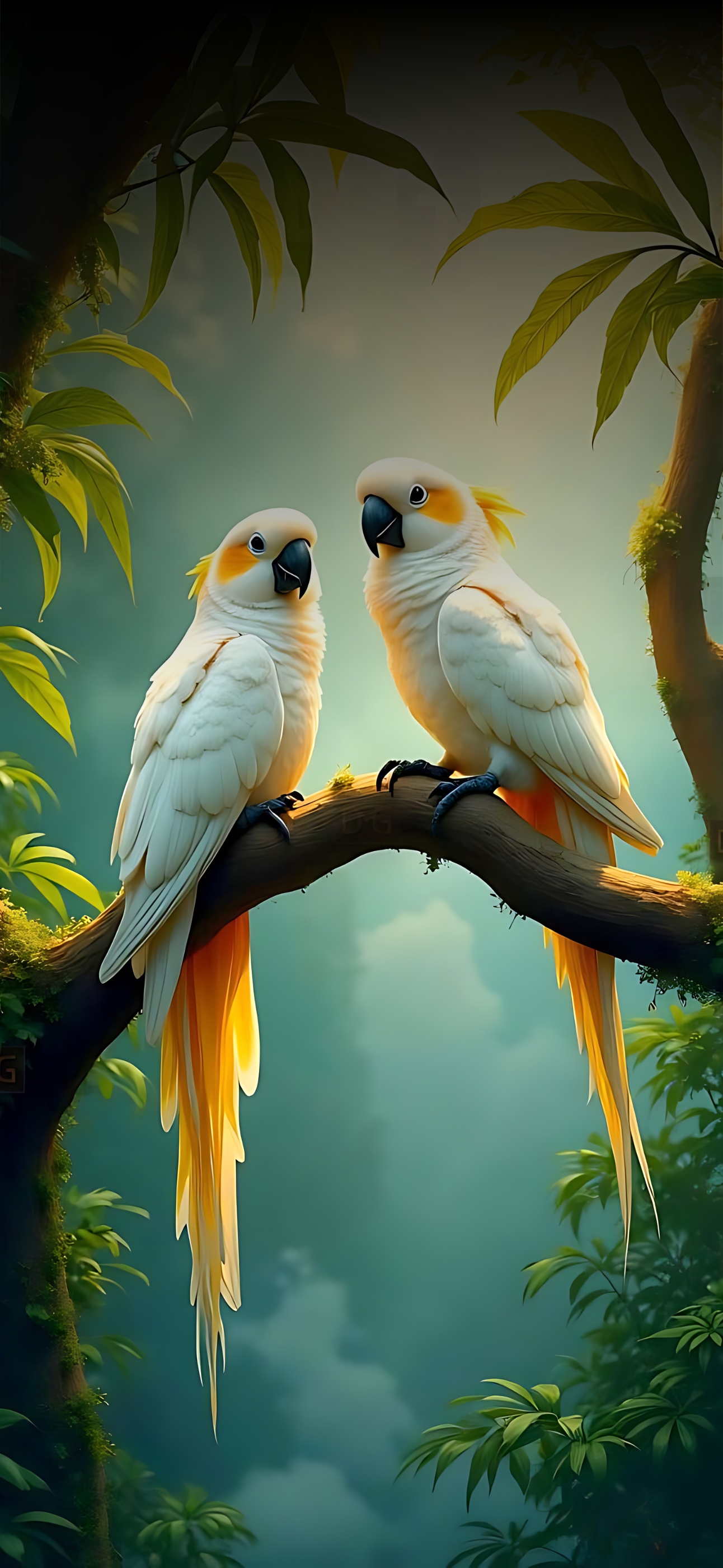 Cockatoos perched on a branch in a lush green forest, contrasting white and yellow feathers | 4K Wallpaper for Mobile