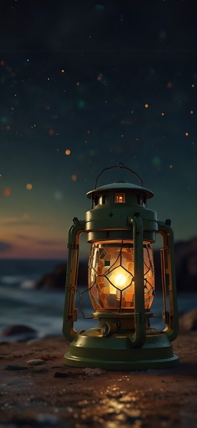 Vintage lantern with stained glass design on a sandy beach at night, casting a warm glow. | 4K Wallpaper for Mobile