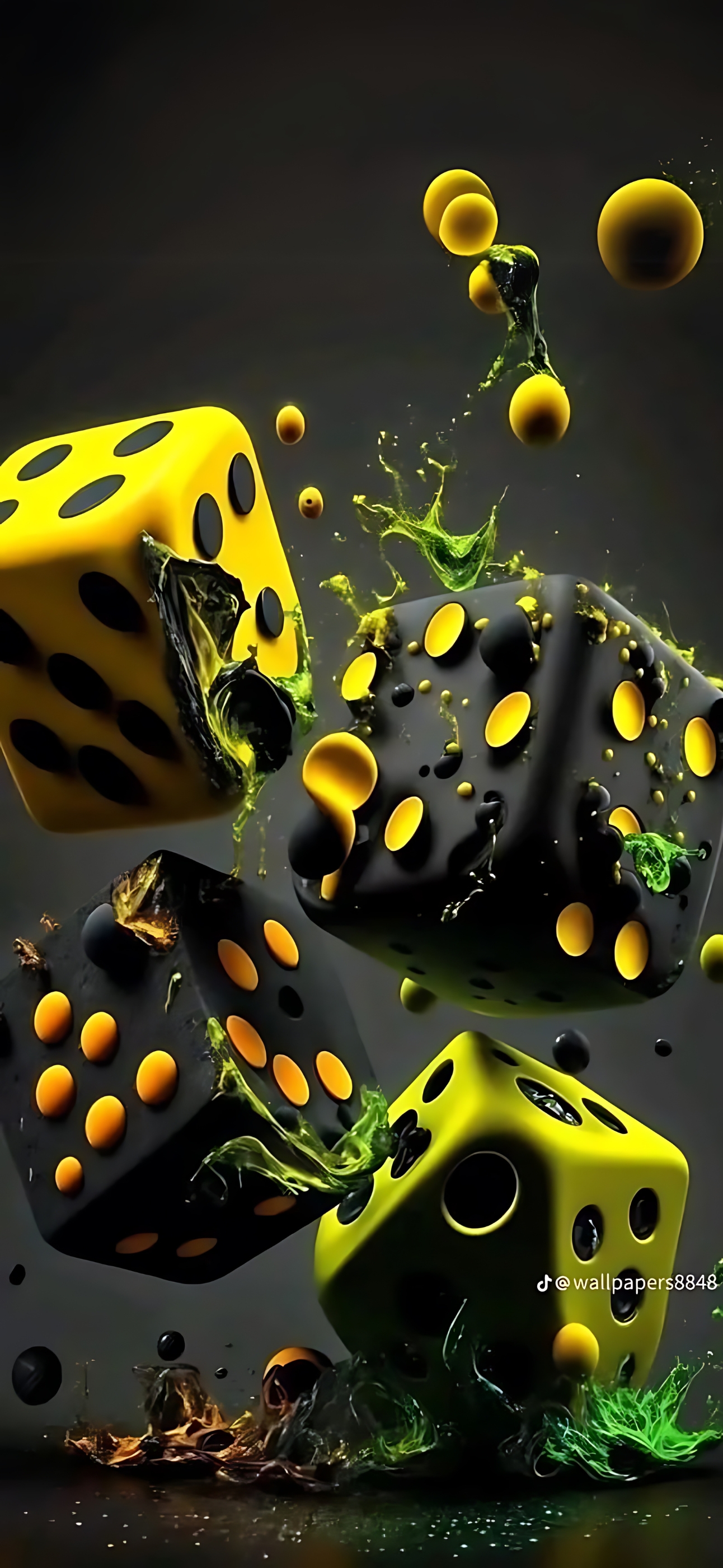 Vibrant abstract yellow and black dice with green liquid motion on a dark background | 4K Wallpaper for Mobile