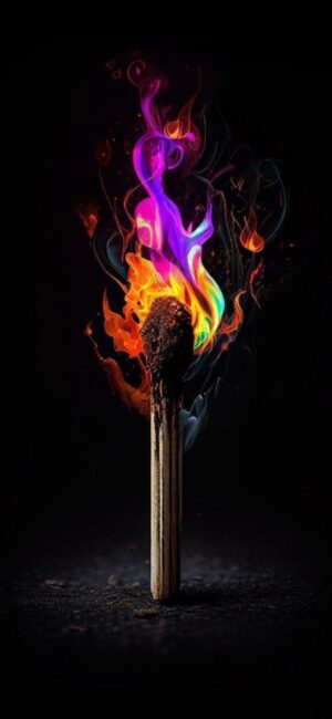 'Vibrant multicolored flames on a matchstick against a dark background, featuring purple, orange, green hues | 4K Wallpaper for Mobile'