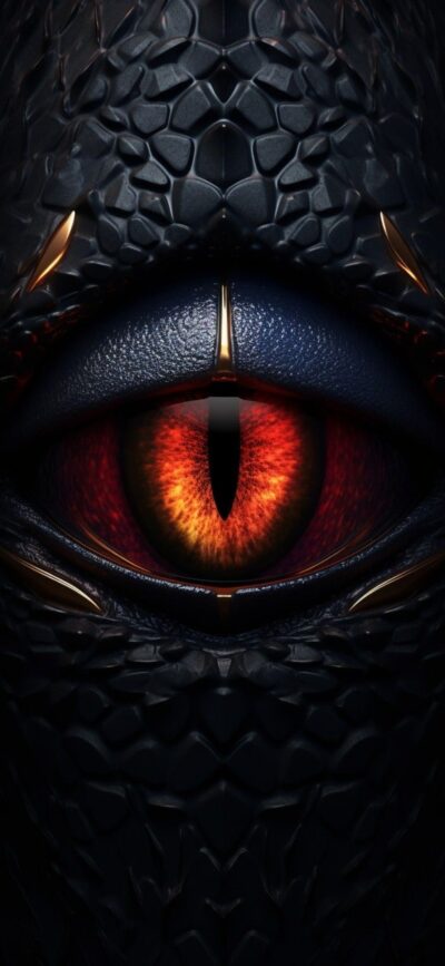 Dragon eye close-up: intricate scales, fiery orange eye with vertical slit pupil | Orange and black | 4K Wallpaper for Mobile