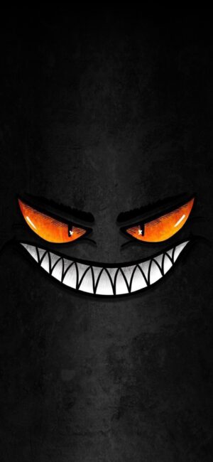 Dark face with glowing orange eyes, sharp teeth on black background | 4K Wallpaper, for Mobile | Black, Orange, White tones