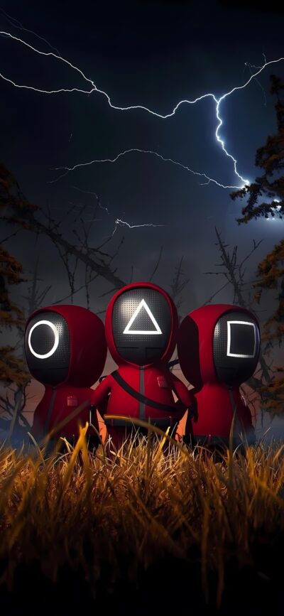 Characters in red jumpsuits with geometric masks set against a dark sky, lightning, and eerie forest | 4K Wallpaper for Mobile